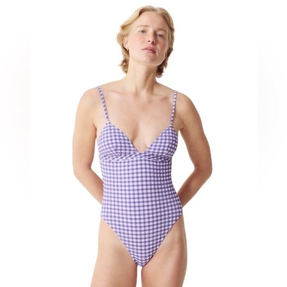 J.Crew Plunge One Piece Gingham Swimsuit Size 18 Purple & White Seersucker - Picture 1 of 14